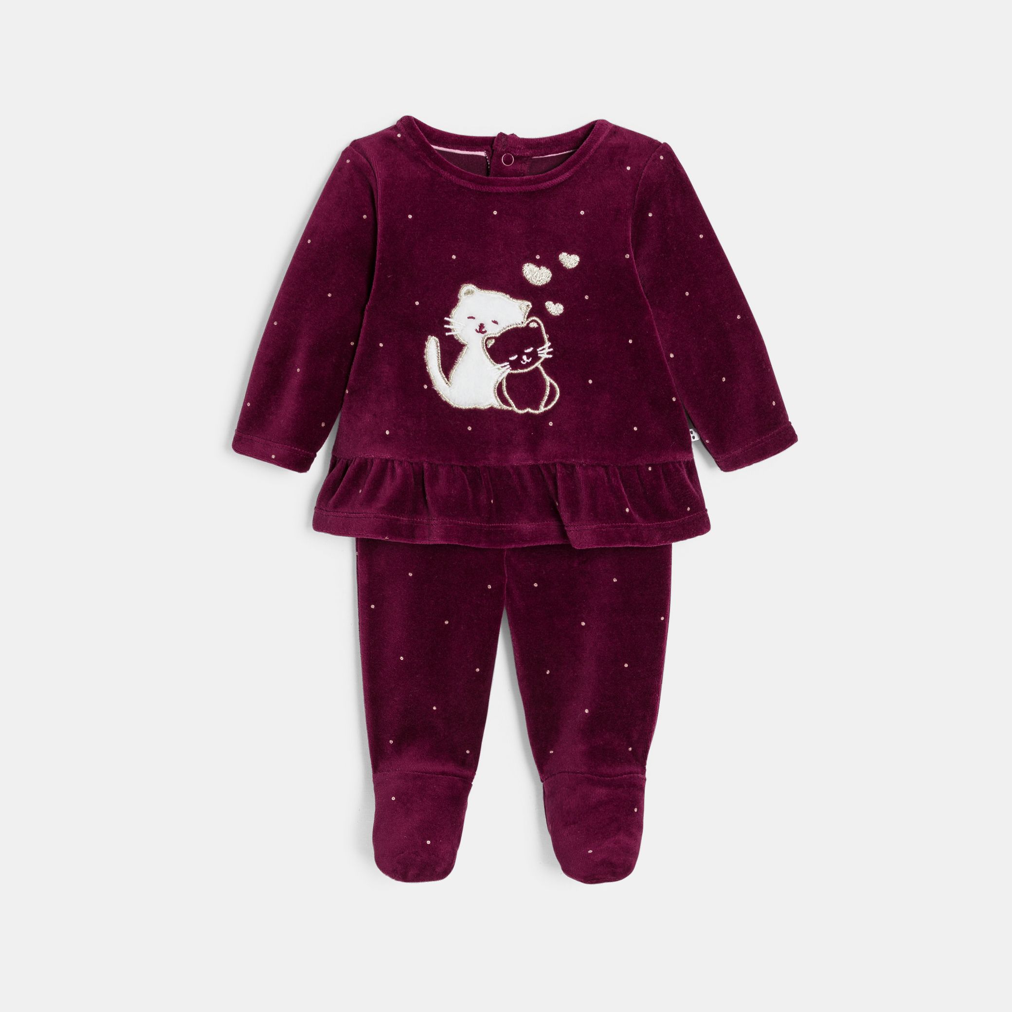 Bộ đồ ngủ nhung burgundy họa tiết mèo